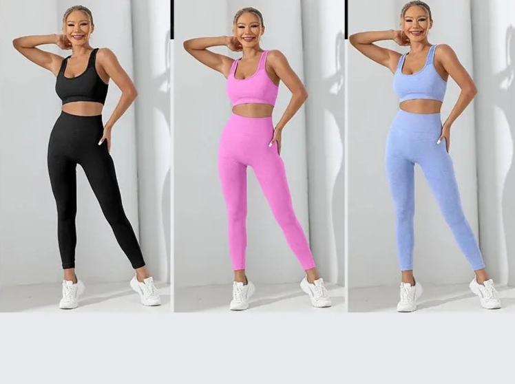 Yoga Basic 2Pcs Seamless High Stretch Yoga Set Tracksuit Gym Set Crisscross Back Cami Hip-Hugging Tummy Control Leggings